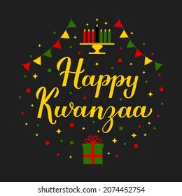 Happy Kwanzaa calligraphy hand lettering. African American holiday. Vector template for typography poster, banner, greeting card, postcard, sticker, flyer, etc.