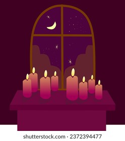 Feliz Kwanzaa, velas ardiendo, vista fuera de la ventana con luna y estrellas, ilustración, vector, festividades, celebración