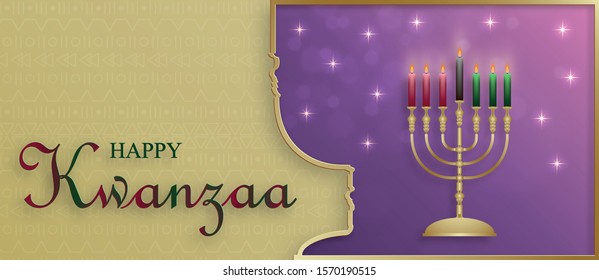 Happy kwanzaa card an African American festival with nice and creative symbols and gold paper cut style on color background for kwanzaa holiday