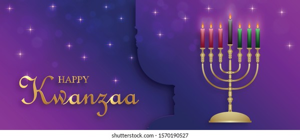 Happy kwanzaa card an African American festival with nice and creative symbols and gold paper cut style on color background for kwanzaa holiday