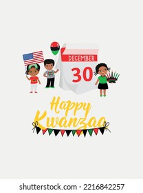 Happy Kwanzaa card. Congratulations on the fifth day of Kwanzaa. African American holidays card. Happy kids. December 30.