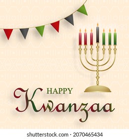 Happy kwanzaa card with nice and creative symbols and gold paper cut style on color background for kwanzaa holiday