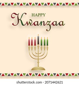 Happy kwanzaa card with nice and creative symbols and gold paper cut style on color background for kwanzaa holiday