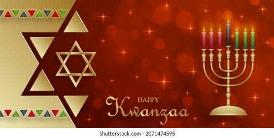 Happy kwanzaa card with nice and creative symbols and gold paper cut style on color background for kwanzaa holiday