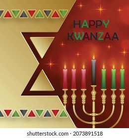 Happy kwanzaa card with nice and creative symbols and gold paper cut style on color background for kwanzaa holiday