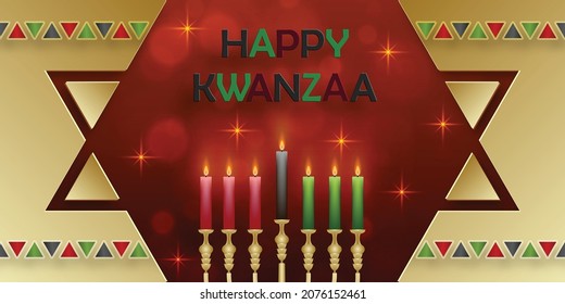 Happy kwanzaa card with nice and creative symbols and gold paper cut style on color background for kwanzaa holiday