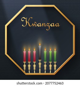 Happy kwanzaa card with nice and creative symbols and gold paper cut style on color background for kwanzaa holiday