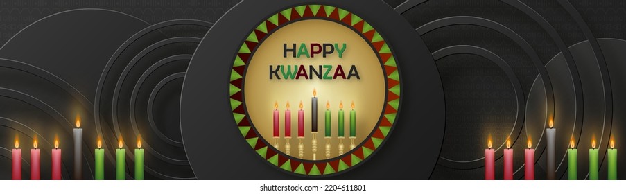 Happy kwanzaa card with nice and creative symbols and gold paper cut style on color background for kwanzaa holiday