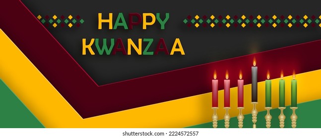 Happy kwanzaa card with nice and creative symbols and gold paper cut style on color background for kwanzaa holiday