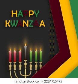 Happy kwanzaa card with nice and creative symbols and gold paper cut style on color background for kwanzaa holiday