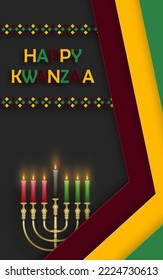 Happy kwanzaa card with nice and creative symbols and gold paper cut style on color background for kwanzaa holiday