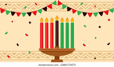 Feliz banner de la celebración de Kwanzaa con kinara y siete velas. Ilustración de dibujos animados vectoriales.