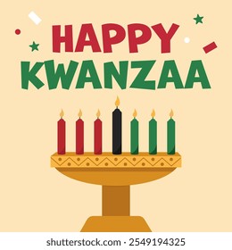 Happy Kwanzaa celebration card. African american traditional holiday festival. Colorful vector illustration with text.