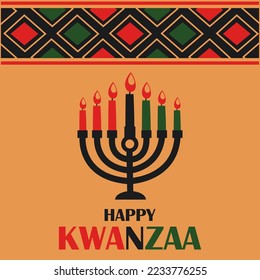 Happy Kwanzaa celebration concept. Kinara with seven candles and text.