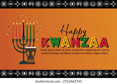 Feliz Kwanzaa. Diseño de la celebración de Kwanzaa con siete velas, patrones festivos y signos de los Siete Principios de Kwanzaa. Ilustración vectorial.