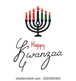 Happy Kwanzaa celebration. Doodle kinara with seven candles and lettering.