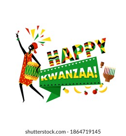 Happy Kwanzaa celebration greeting card. Black woman person with drum celebrating Kwanzaa holiday. African American culture tradition decoration vector illustration