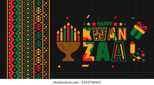 Feliz Kwanzaa celebração ornamentos fundo, cartaz ou modelo de design de banner. celebração anual da cultura afro-americana de 26 de dezembro a 1 de janeiro. Conceito de férias.