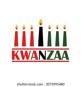 Happy Kwanzaa concept. Seven burning candles and text. Banner, poster, brochure, greeting card, flyer, logo template. Isolated on white. African culture appreciation. Celebrated annually.  