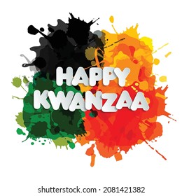 Happy kwanzaa congratulatory inscription letterig in paper style on hand drawn blots in colors Pan-African flag.