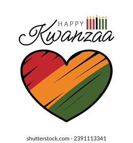 Happy Kwanzaa cute greeting card with Heart symbol with hand drawn stroke, 3 stripes colors of African flag and with traditional kinara seven candles for Kwanza.