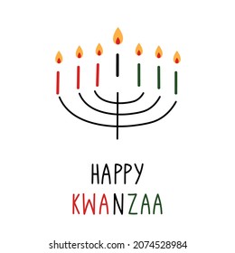 Happy Kwanzaa. Doodle kinara with burning candles. Isolated on white. African culture appreciation. 