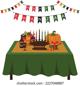 Happy Kwanzaa. A festive table with a woven mat, unity cup, kinara, gifts and a fruit basket. Celebrating the African American holiday of Kwanzaa. Cartoon vector illustration on a white background