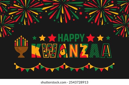 Feliz Kwanzaa fogos de artifício celebração fundo, cartaz ou modelo de design de banner. celebração anual da cultura afro-americana de 26 de dezembro a 1 de janeiro. Conceito de férias.