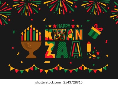 Feliz Kwanzaa fogos de artifício celebração fundo, cartaz ou modelo de design de banner. celebração anual da cultura afro-americana de 26 de dezembro a 1 de janeiro. Conceito de férias.