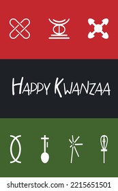 Happy Kwanzaa greeting card with African Kwanza flag - red, black, green decorated with seven principles of Kwanzaa icons. Cute vertical poster for African American heritage celebration holiday