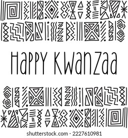 Happy Kwanzaa greeting card with African ethnic tribal clash ornament pattern background. Black and white hand drawn symbols motif template. Vector design