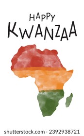 Happy Kwanzaa greeting card. Artistic watercolor textured Silhouette of Africa map continent, simple text logo. Kwanza African heritage celebration vertical vector banner, poster design.