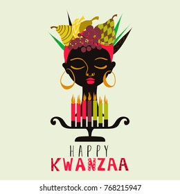 Happy Kwanzaa greeting card, background. Simple, abstract, modern, hand drawn illustration, black woman silhouette with fruits with geometrical pattern, candlestick and typography