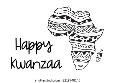 Happy Kwanzaa greeting card. Coloring page. Vector illustration of Africa with ethnic tribal African style ornament pattern. Hand drawn black and white horizontal stripes. Simple artistic map of