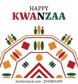 Tarjeta de felicitación feliz kwanzaa con colores vibrantes y patrones geométricos, celebrando la cultura y el patrimonio afroamericano. Ilustración vectorial.