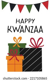 Happy Kwanzaa greeting card with gift box pile, flag bunting. Cute simple vertical poster for African American Kwanzaa celebration holiday.