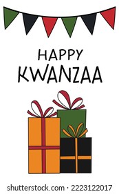 Happy Kwanzaa greeting card with gift box pile, flag bunting. Cute simple vertical poster for African American Kwanzaa celebration holiday.