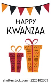 Happy Kwanzaa greeting card with gift box pile, flag bunting. Cute simple vertical poster for African American Kwanzaa celebration holiday.