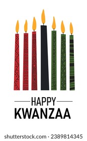 Feliz tarjeta de saludo de Kwanzaa con siete velas y texto dibujados a mano en kinara. Plantilla para vacaciones de herencia afroamericana. Ilustración del vector aislada en blanco