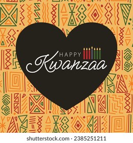 Happy Kwanzaa Greeting card in heart frame on African ethnic tribal clash ornament seamless pattern background. Cute square Kwanza vector template design