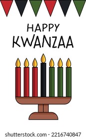 Happy Kwanzaa greeting card with kinara and seven candles, flag bunting, flat illustration. Cute simple vertical poster for African American Kwanzaa celebration holiday.