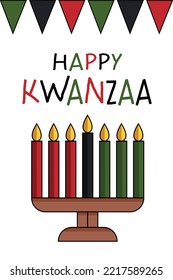 Happy Kwanzaa greeting card with kinara and seven candles, flag bunting, flat illustration. Cute simple vertical poster for African American Kwanzaa celebration holiday.