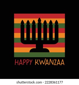 Happy Kwanzaa greeting card with Kinara seven candles silhouette on African flag background. African American heritage holiday. Vector illustration dark black poster design.