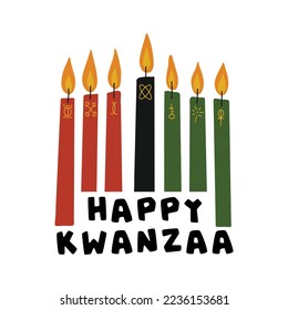 Happy Kwanzaa greeting card with kinara candles - red, black, green with hand drawn symbols of seven principles of Kwanzaa. Cute simple template for African American heritage celebration.