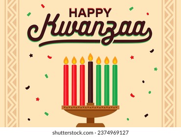 Feliz tarjeta de saludo de Kwanzaa con kinara y siete velas. Ilustración de dibujos animados vectoriales.