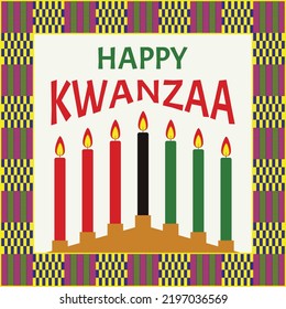 Happy Kwanzaa greeting card. Kwanza poster in traditional colors with tribal ornament frames and candles.