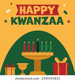 Happy Kwanzaa greeting card. Modern vector illustration with african symbols. Candles, gifts, cup.