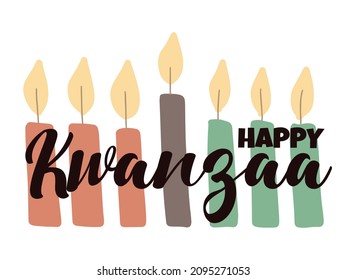 Happy Kwanzaa - greeting card with script lettering and hand drawn simple kinara candles. African American heritage celebration festival banner