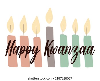 Happy Kwanzaa - greeting card with script lettering and hand drawn simple kinara candles. African American heritage celebration festival banner