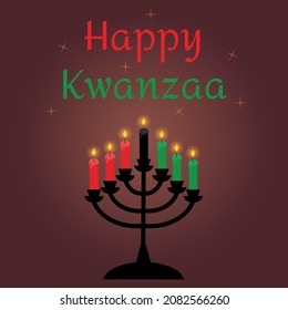 Happy Kwanzaa greeting card with seven candles in a candlestick. African and African-American culture holiday. Vector illustration.